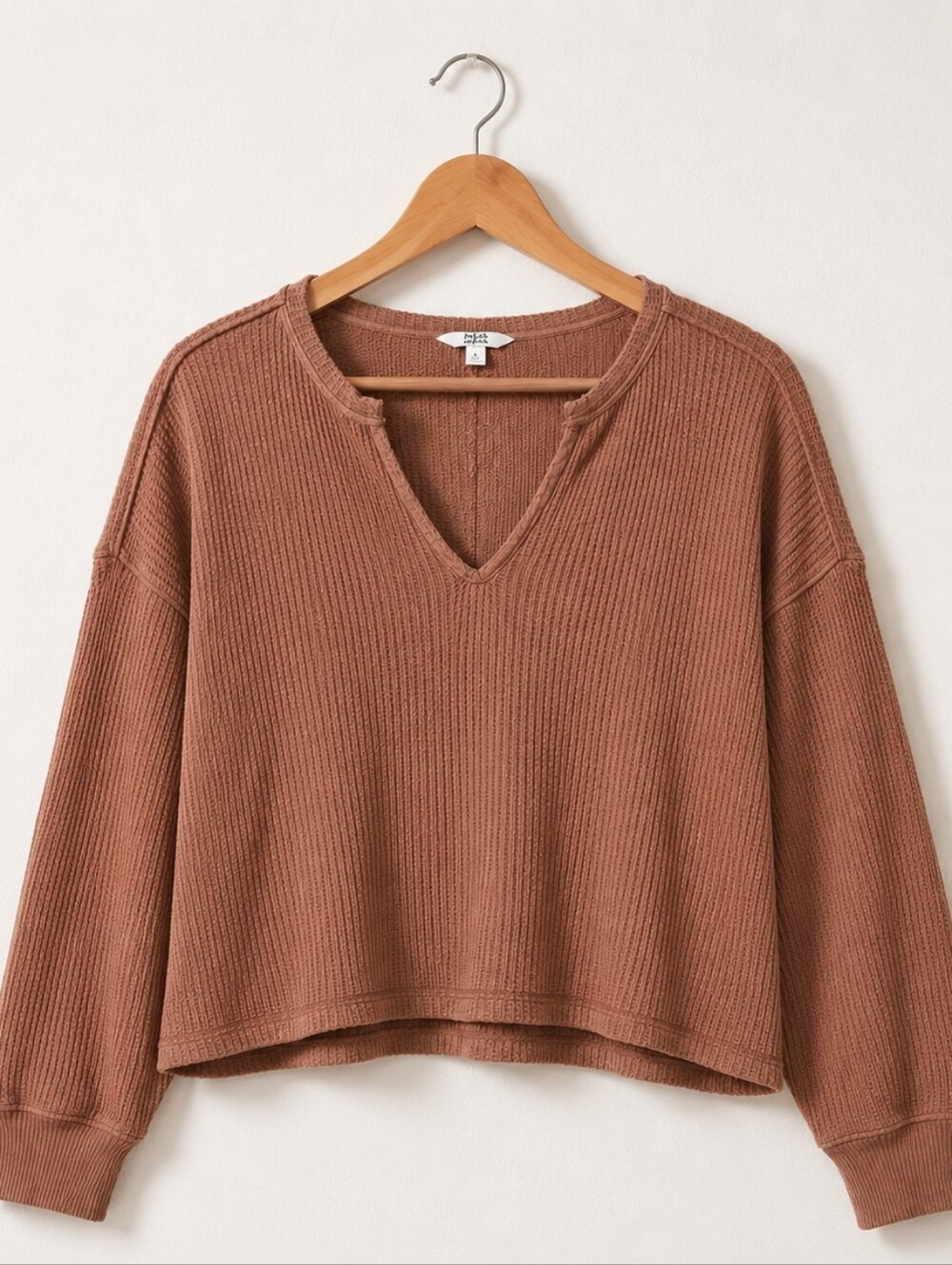 JoyLab Brown Ribbed Waffle Knit Top Size XL | Relaxed Long Sleeve Pullover - Picture 2 of 6